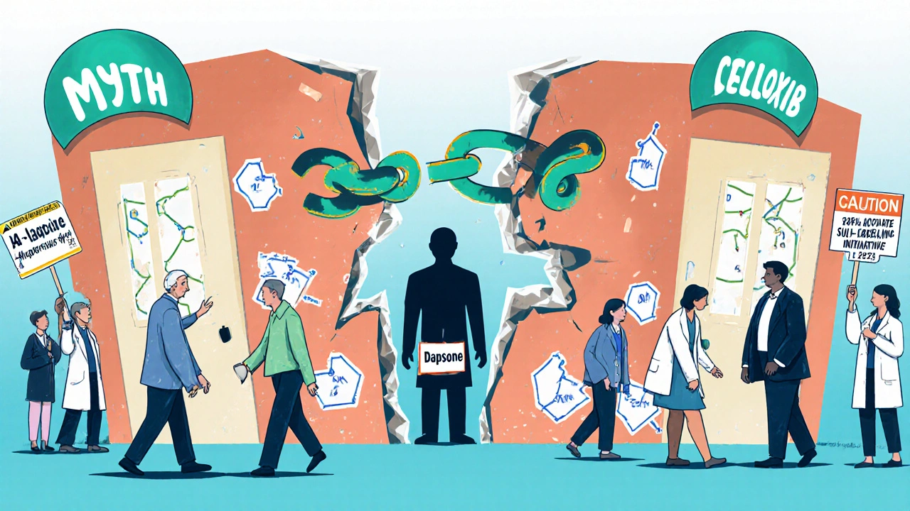 A broken chain labeled &#039;Myth&#039; opens doors to safe medications, while dapsone stands with a caution sign and medical teams hold up accuracy scores.