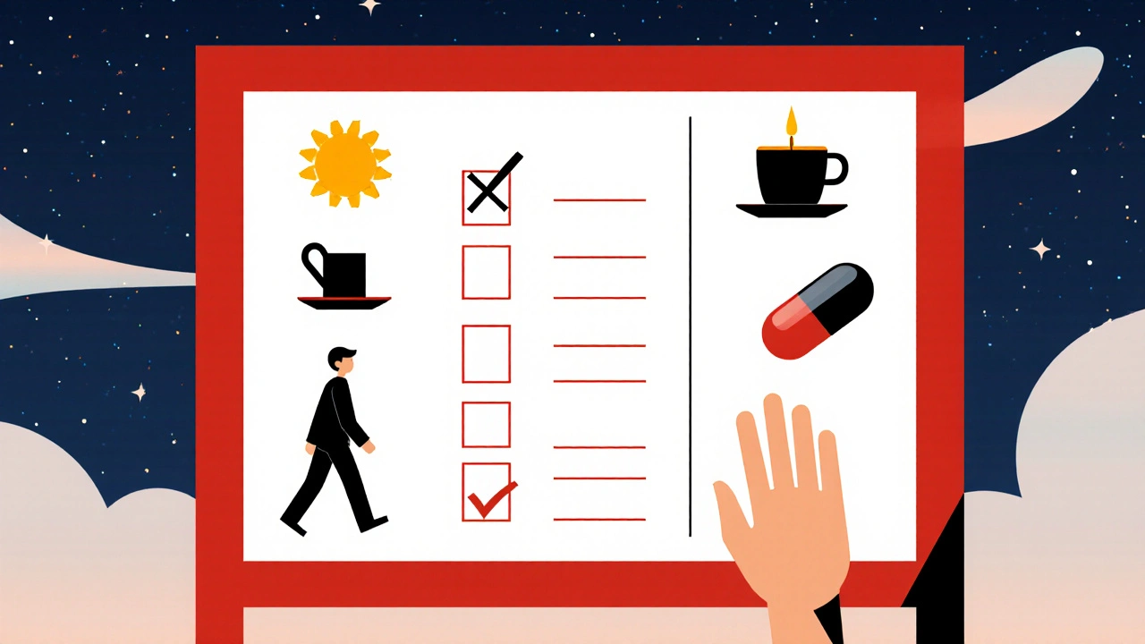 Checklist of sleep‑hygiene icons like sunrise, coffee cup crossed out, candle, walk, and melatonin.