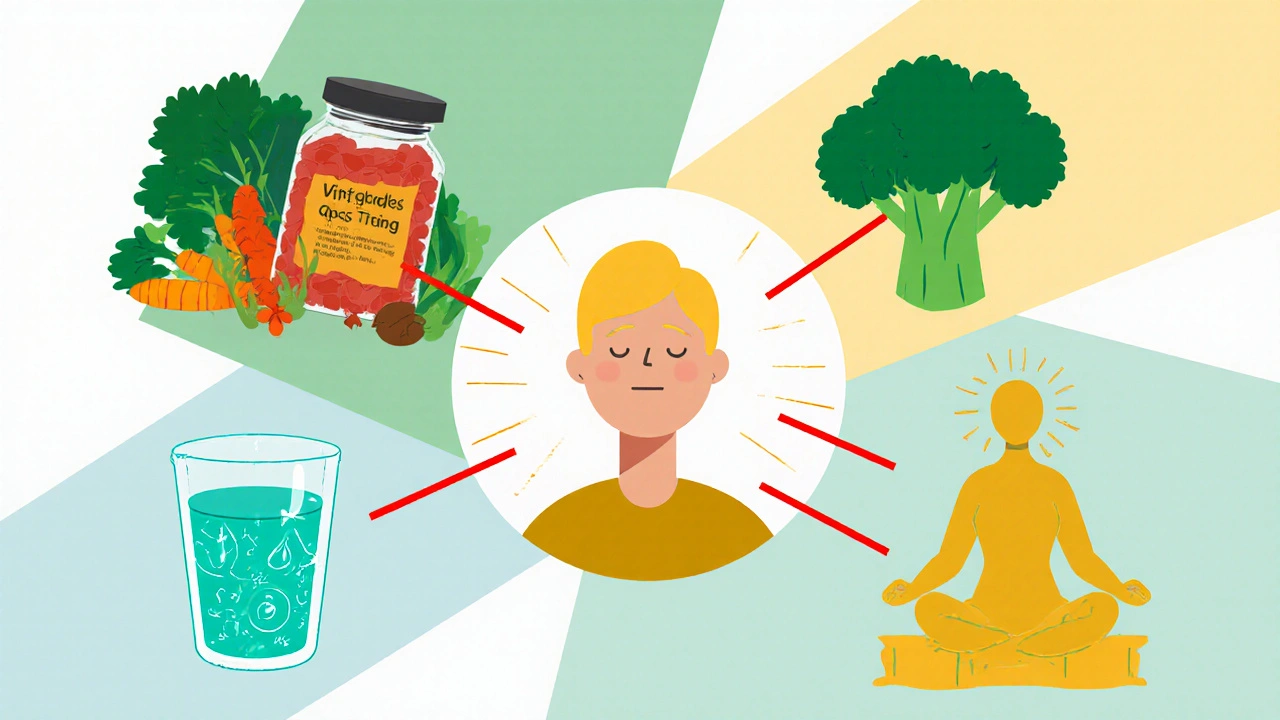 Collage of food, probiotic, water, and meditation icons around a glowing healthy-skinned figure.