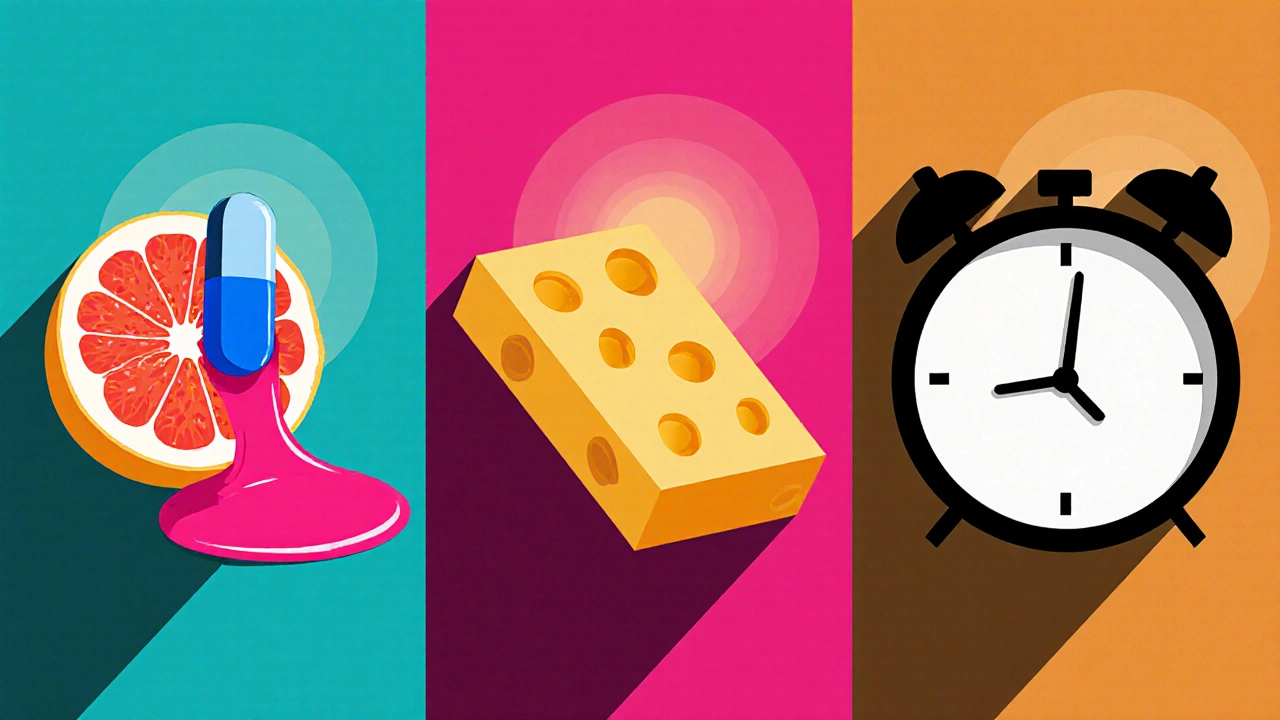 Collage of grapefruit on statin, cheese on antibiotic, and levothyroxine with clock in bold illustration.