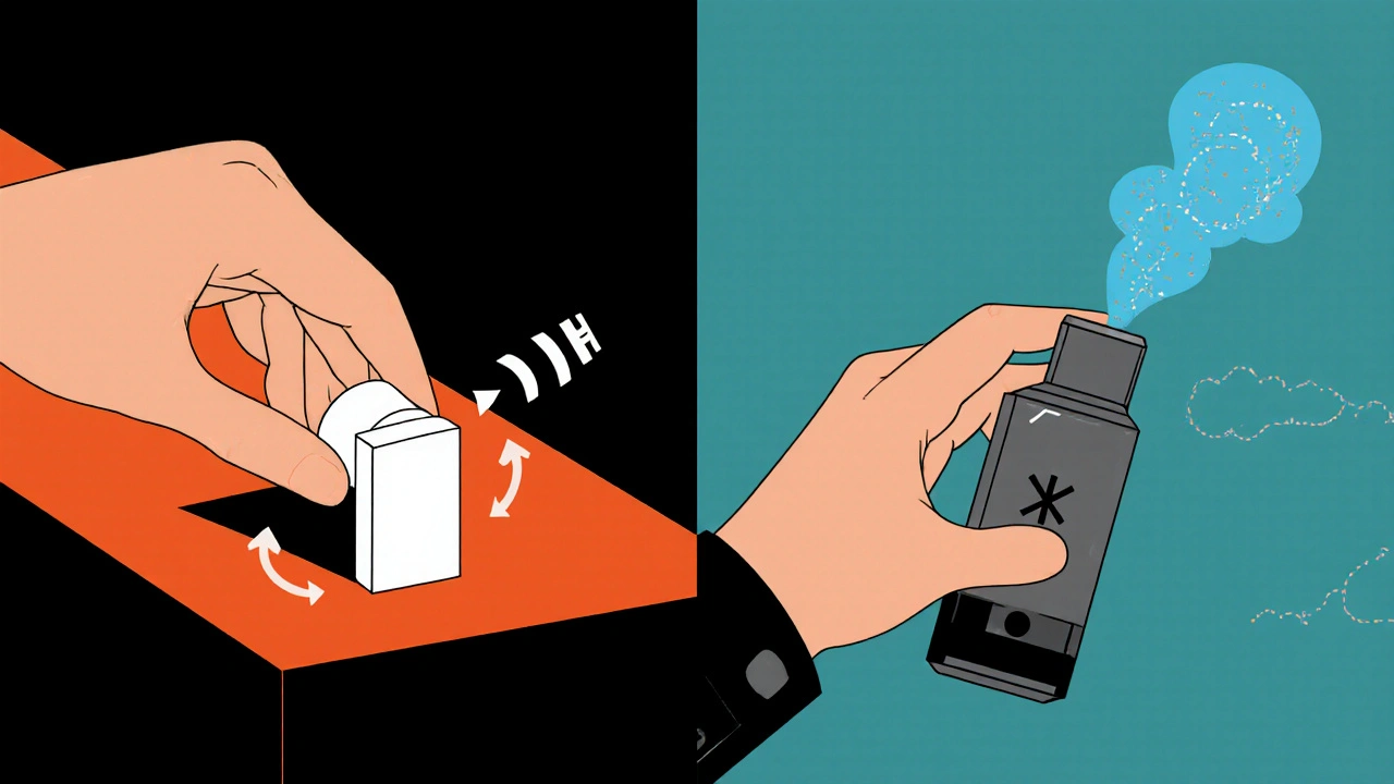 Constructivist style side‑by‑side view of HandiHaler capsule loading and Respimat soft‑mist release.