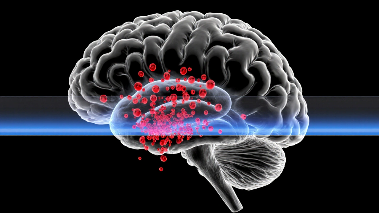 Cross‑section of brain showing red drug particles crossing the blood‑brain barrier.