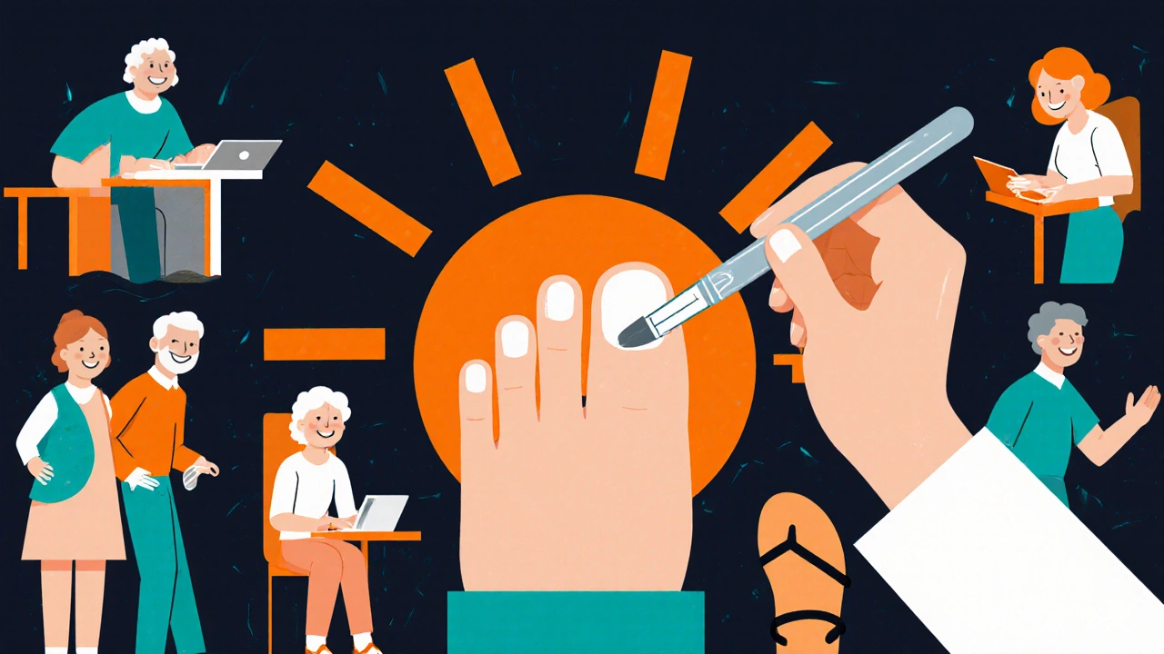 Dermatologist applying treatment as patients regain healthy nails and normal activities.