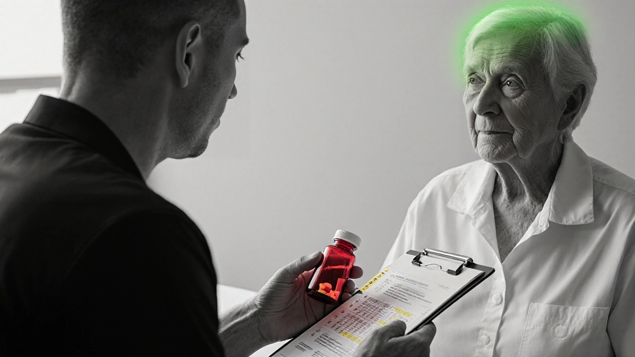 Doctor reviewing medication and cognitive tests with a patient in a monochrome setting.