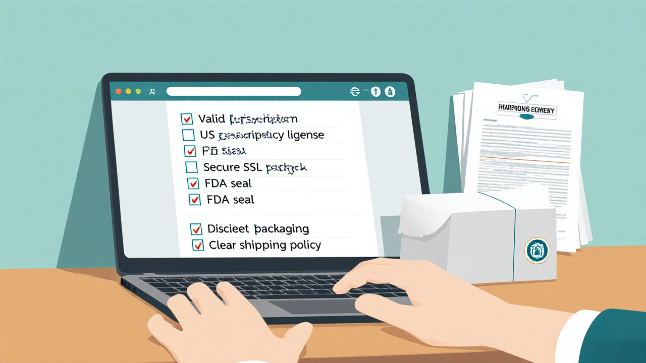 Flat illustration of a laptop screen showing a checklist for verifying a legitimate online pharmacy.