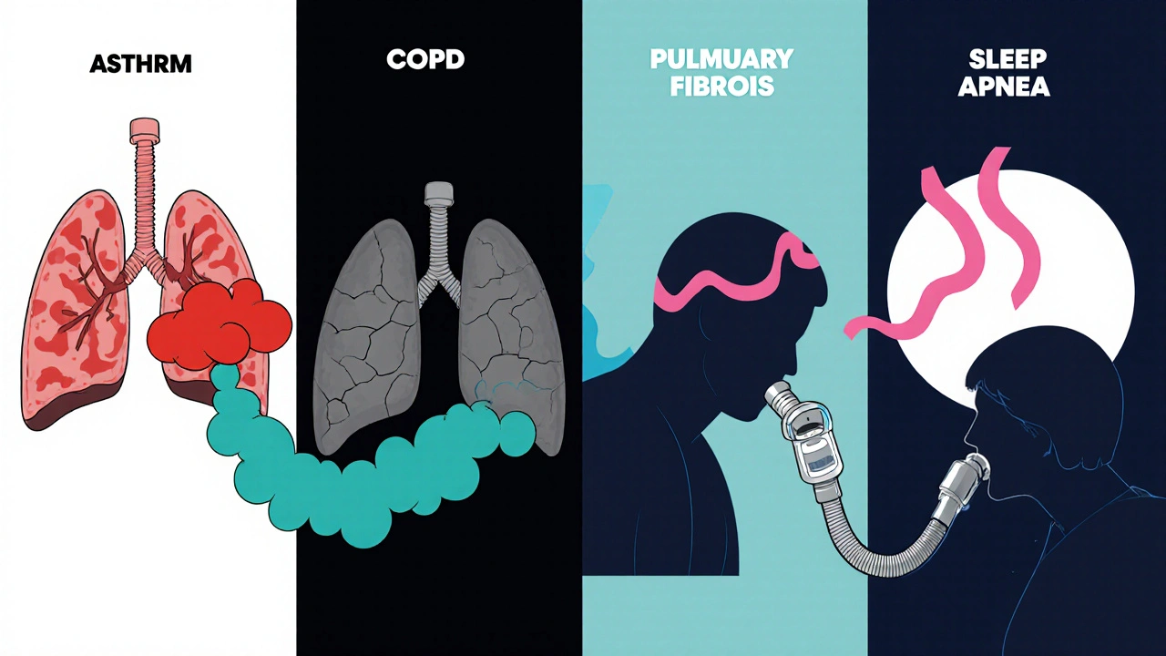Four panels illustrate asthma, COPD, pulmonary fibrosis, and sleep apnea with geometric cartoon visuals.