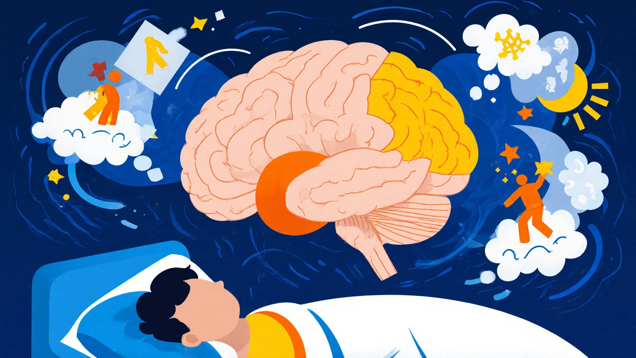 Geometric brain diagram showing activated sleep centers and vivid dream clouds.
