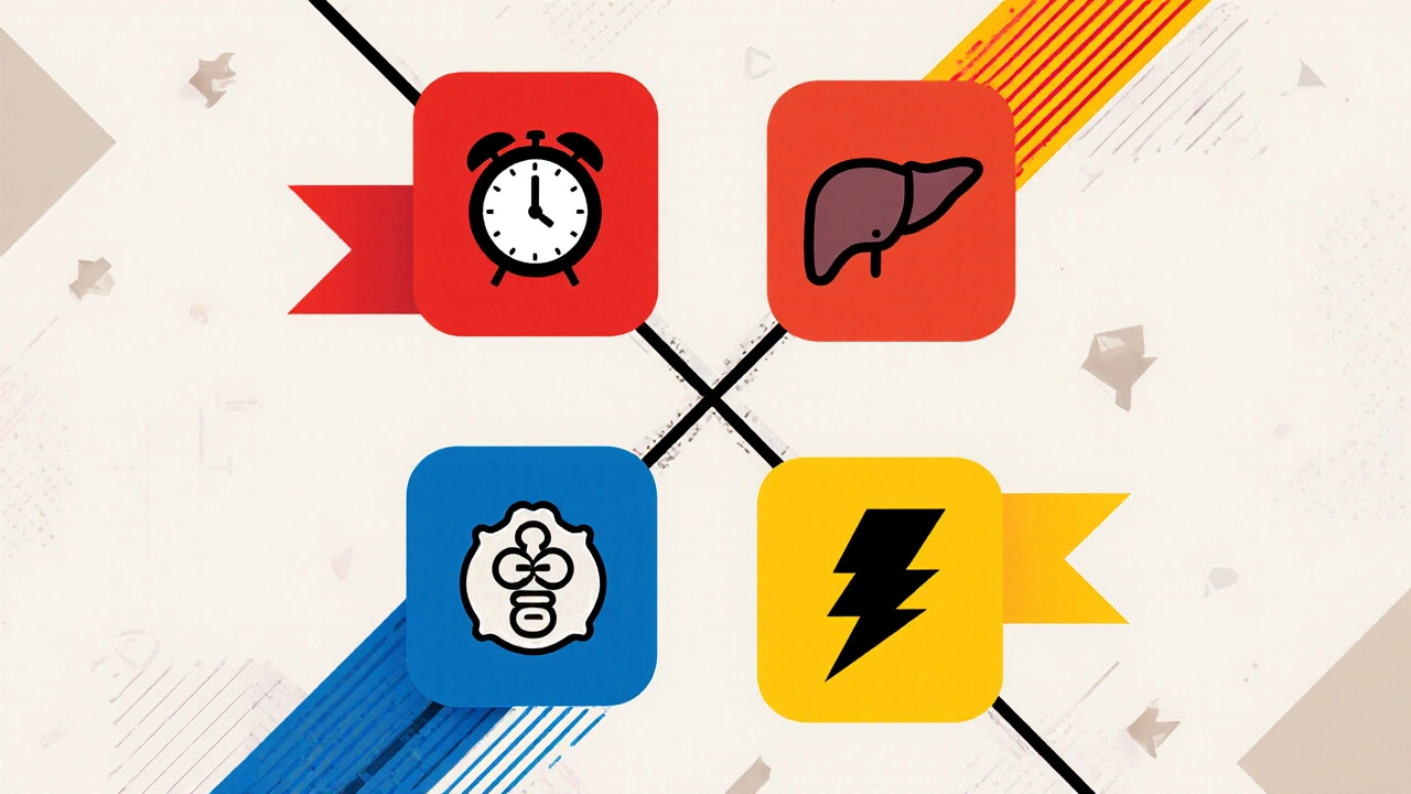 Grid of four prescription drug icons in bold constructivist colors.
