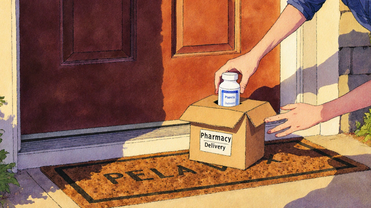 Hand receiving a discreet pharmacy package with clopidogrel pills visible.