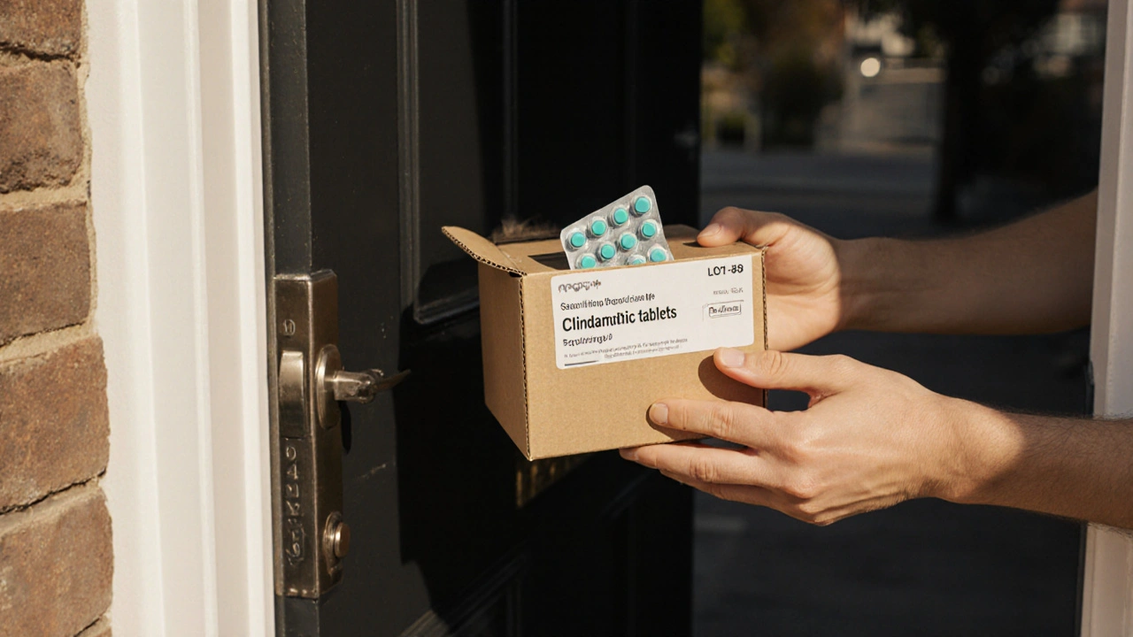 Hand receiving unmarked box containing sealed clindamycin blister pack at home.