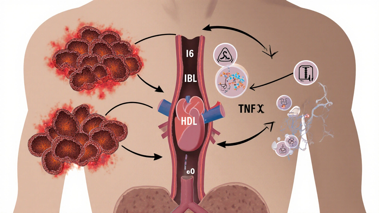 Illustration of inflammation, lipid changes, and insulin resistance affecting the heart.