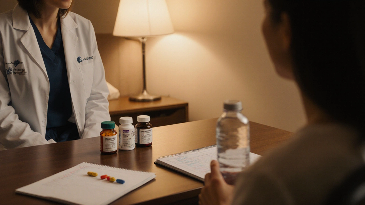 Oncologist showing three colored pill bottles while patient holds a water bottle, checklist nearby.