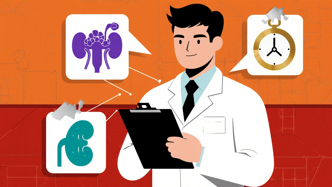 Oncologist with floating icons of tumor, kidney, cost, and fitness deciding on treatment.
