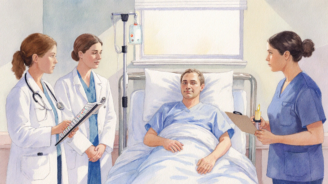 Palliative‑care team consulting a bedridden leukemia patient in a gentle hospital setting.
