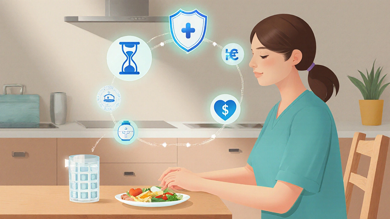 Patient at kitchen table choosing treatment, surrounded by floating icons for factors.