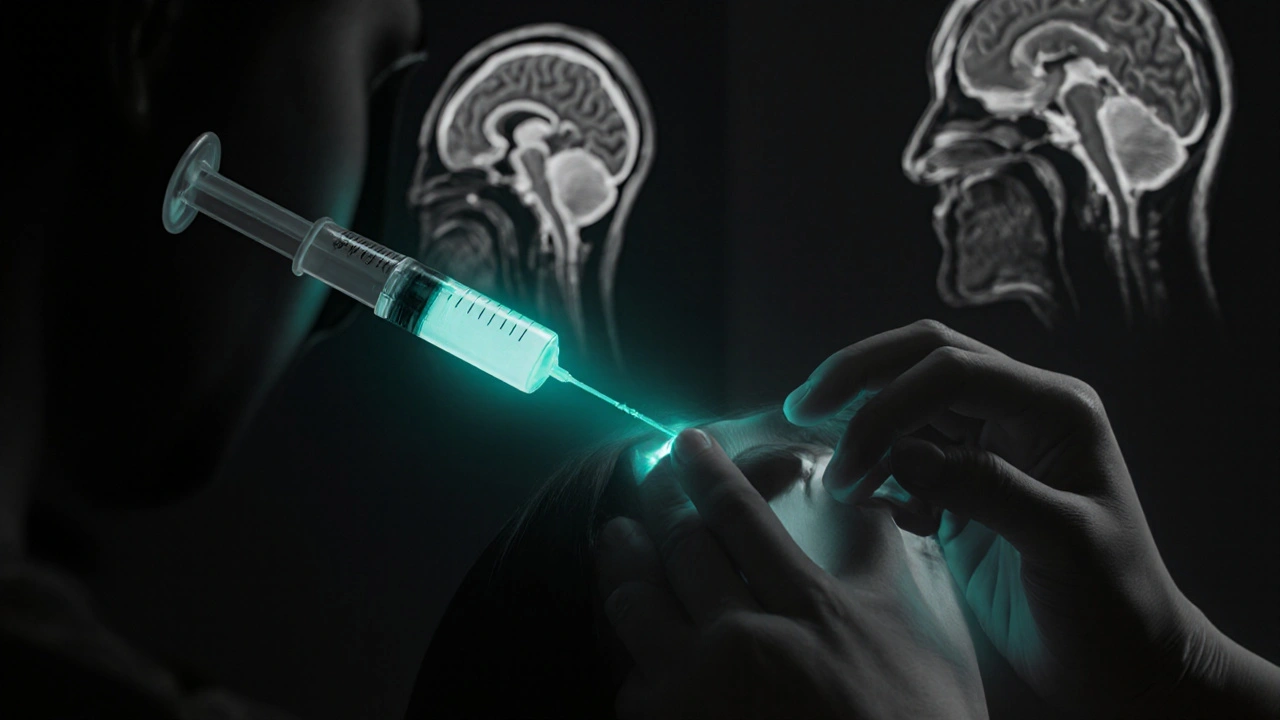 Patient receiving a teal‑glowing injectable with faint MRI brain overlay in high contrast.