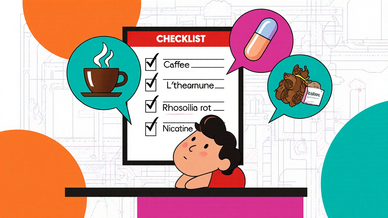 Person at a desk with thought bubbles showing caffeine, L‑theanine, rhodiola, nicotine.