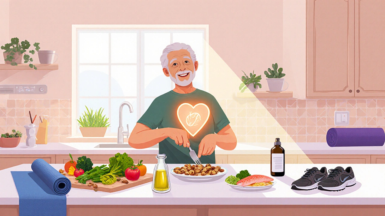Person cooking Mediterranean food, exercising, and focusing on heart health.