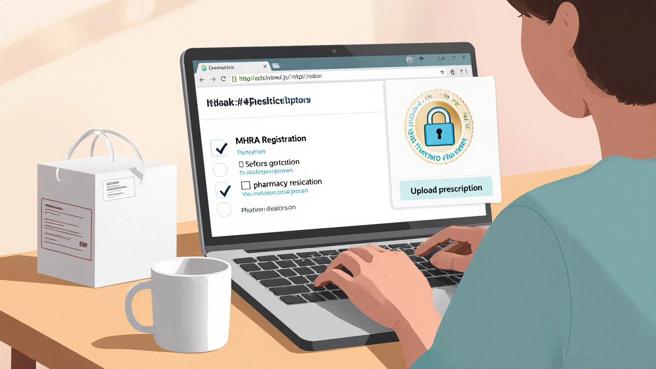 Person ordering medication online with secure website icons and prescription upload.