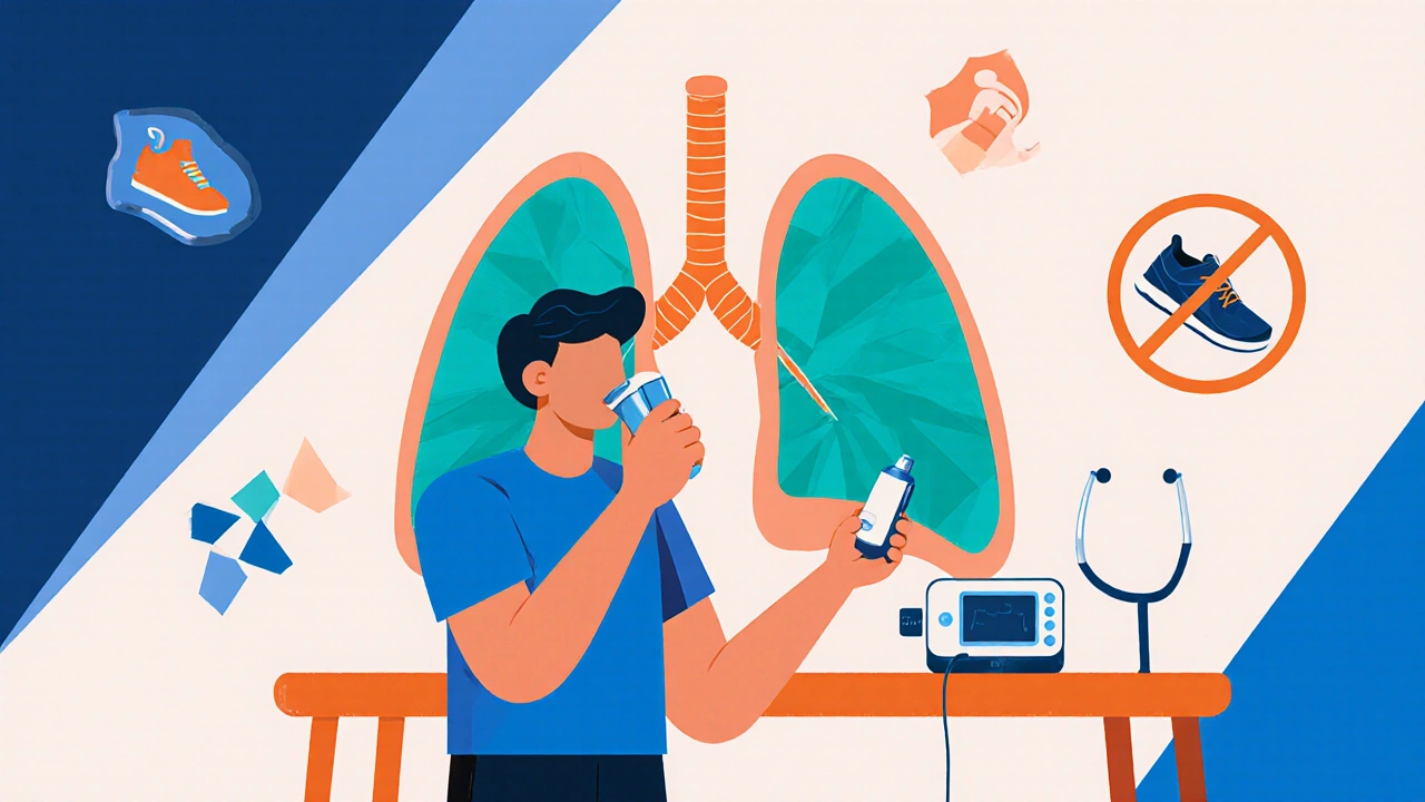 Person using inhaler and pulse‑oximeter beside CPAP, with stylized lungs and health‑care icons.