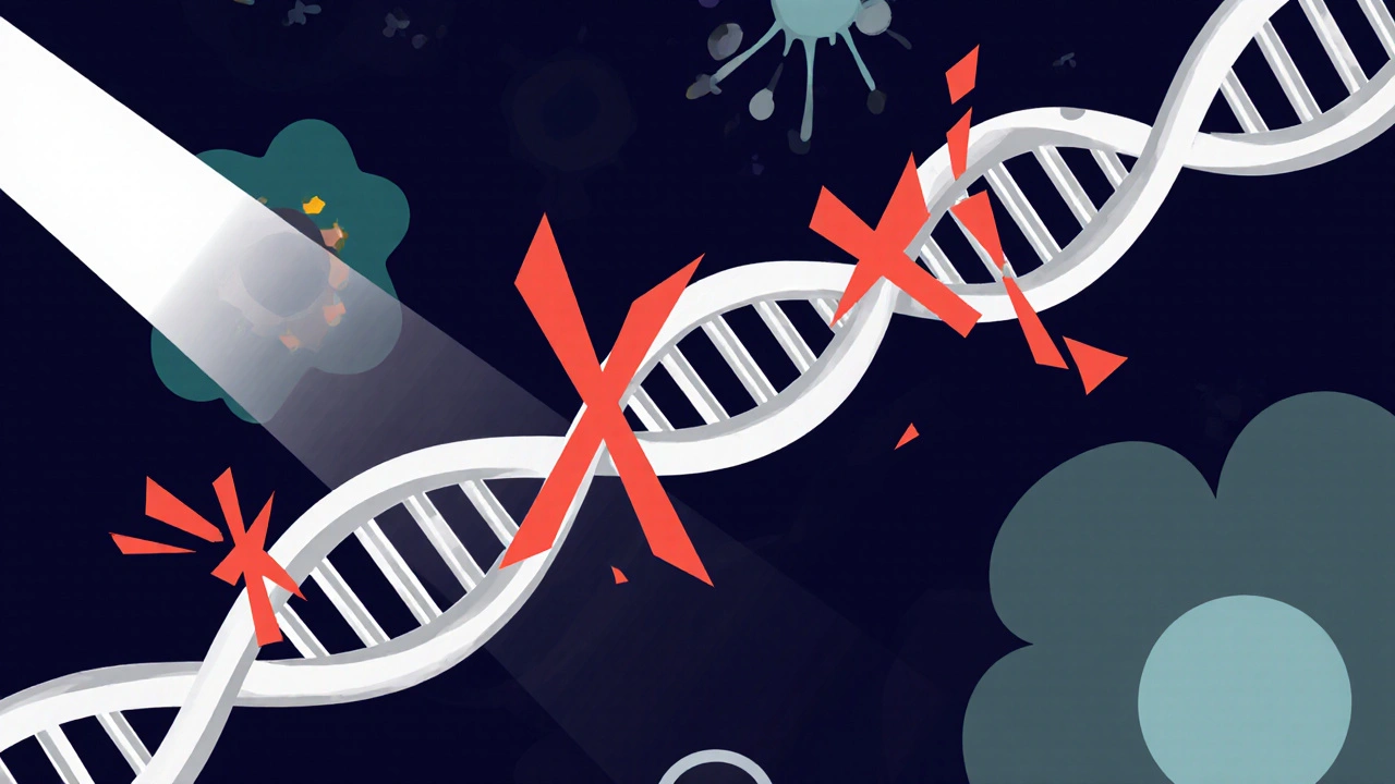 Red melphalan shards forming cross‑links on a stylized DNA helix.
