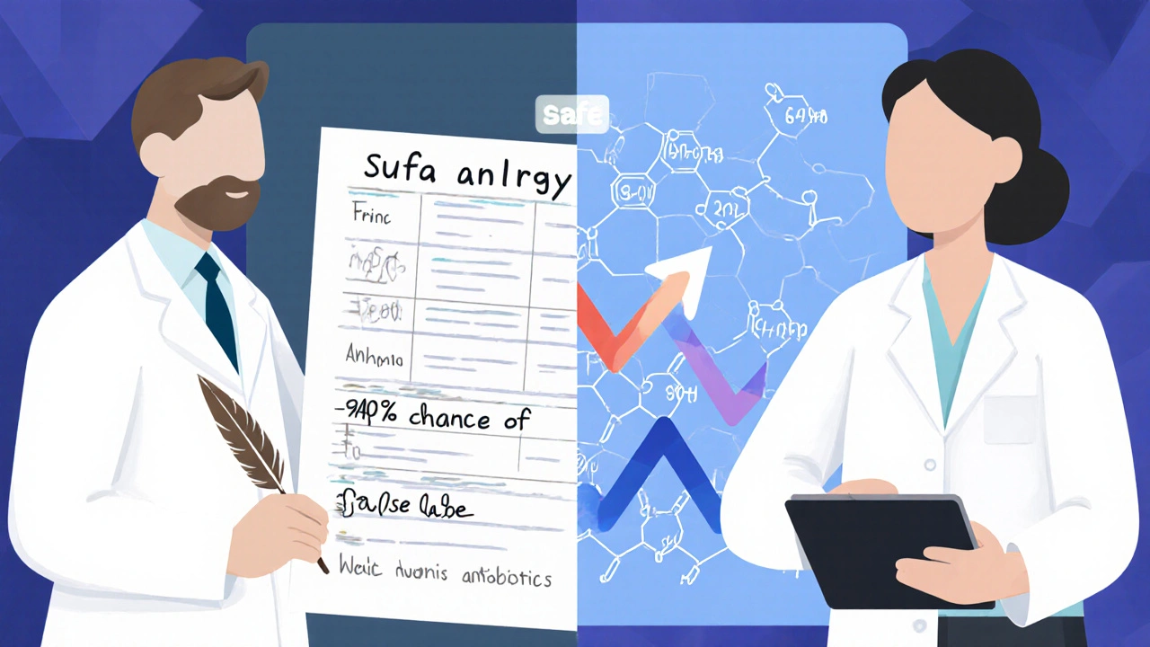 Split medical chart: 1930s doctor writing &#039;sulfa allergy&#039; vs. modern clinician viewing a digital alert about false labels and safe medications.