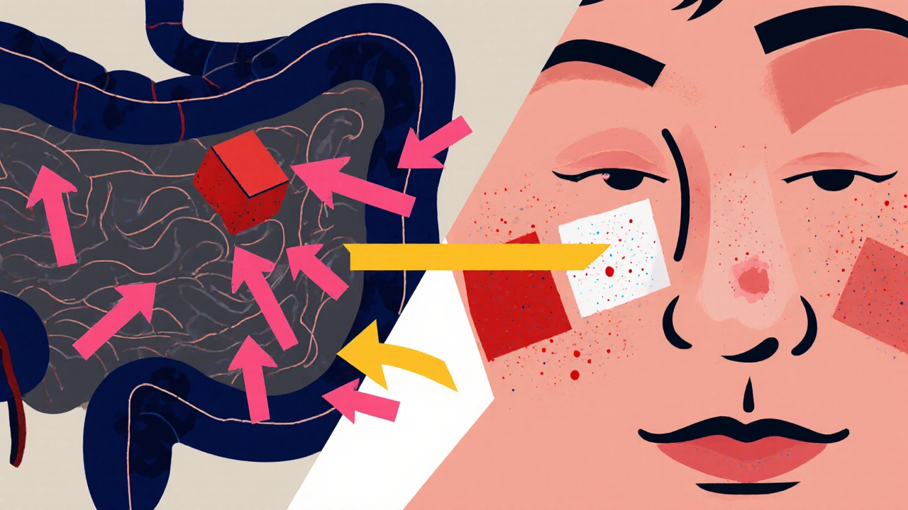 Split view of gut leaking inflammation arrows connecting to acne, eczema, psoriasis, and rosacea on skin.