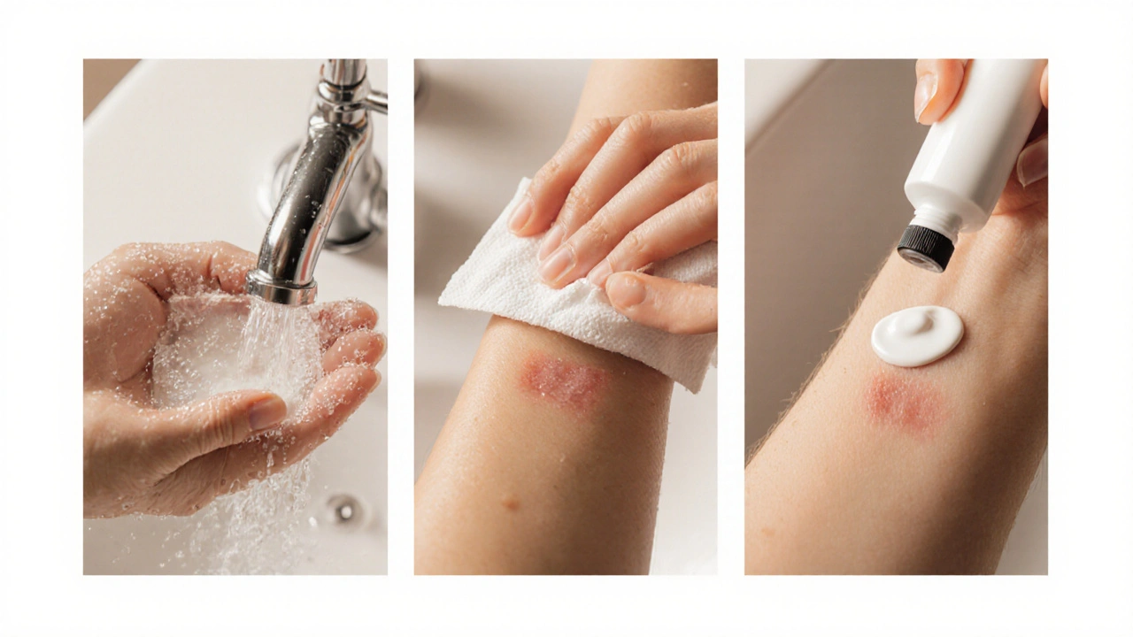 Step‑by‑step scene of hand washing, wound cleaning, and applying thin cream layer before drying.