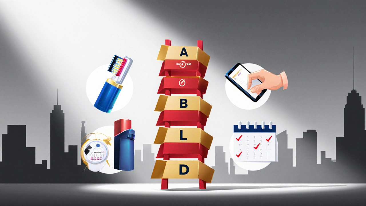 Stylized diagram of GOLD treatment ladder, daily habit icons, and calendar for Tiotropium adherence.