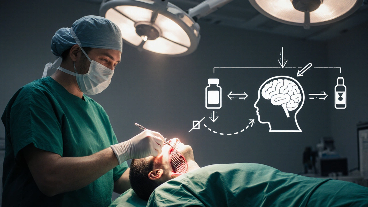 Surgeon performing carotid endarterectomy with a stent, highlighted by surgical lights.