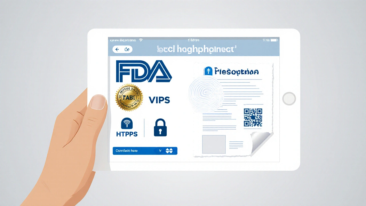Tablet screen showing FDA, VIPPS, and secure https icons with a prescription.