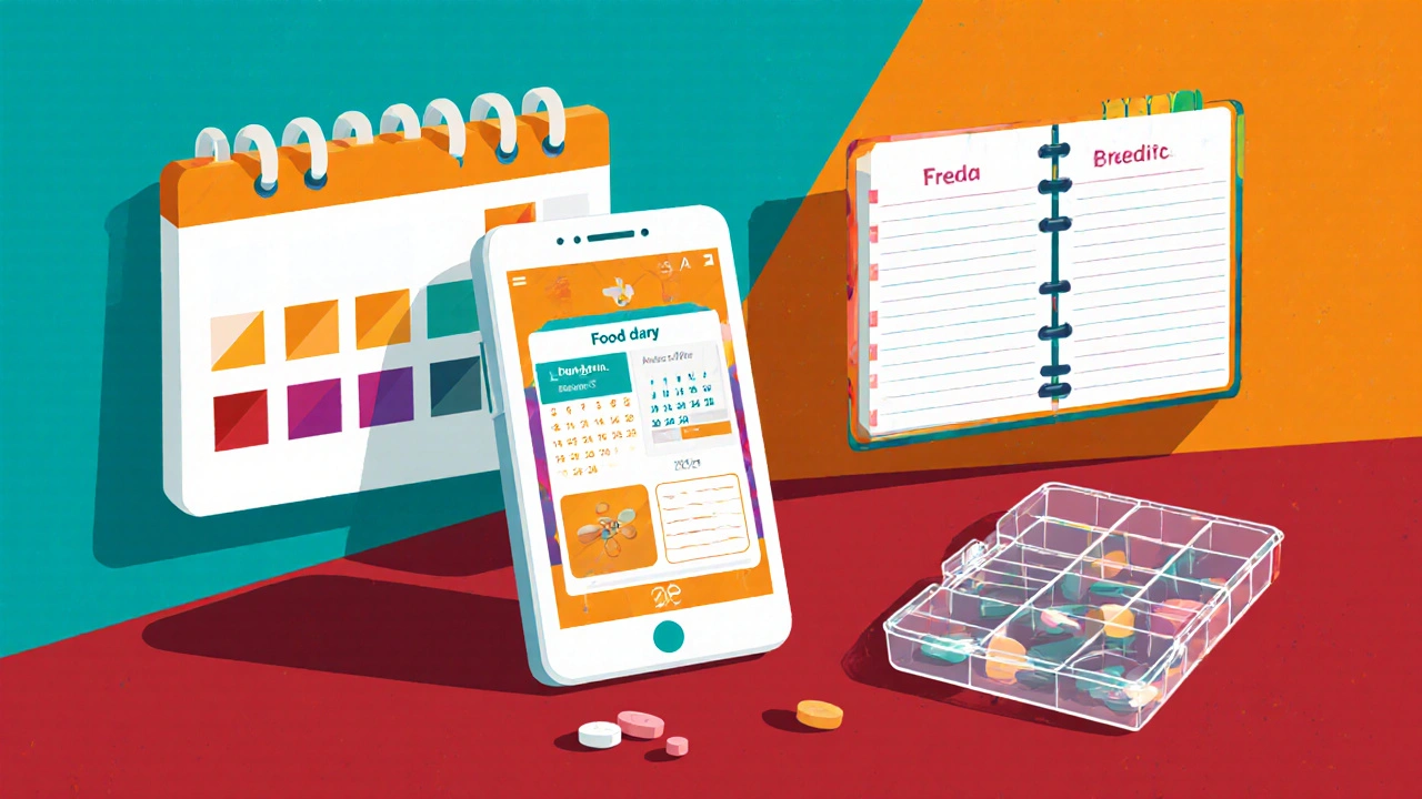 Toolkit scene with calendar, phone app, food diary, and pill organizer in constructivist cartoon.