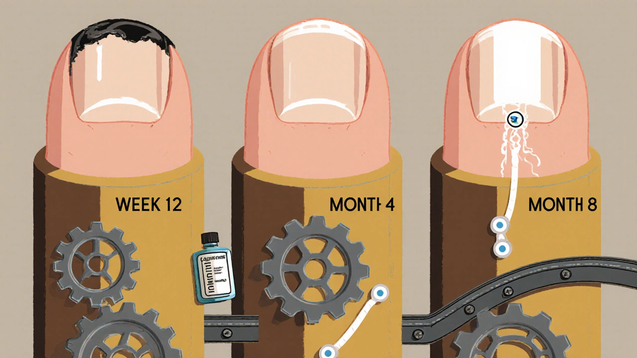 Vertical timeline showing damaged nail transforming into healthy nail through mechanical gears.