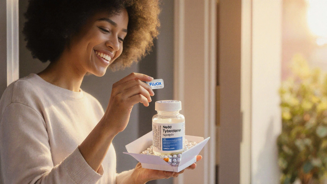 Watercolor of a person opening a discreet package and checking a fluoxetine pill with a smiling expression.