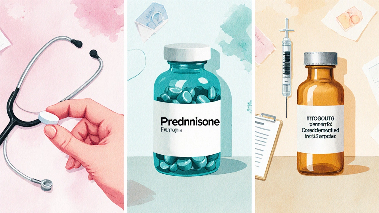 Watercolor split panel of prednisone tablet, ibuprofen capsules, and injection syringe.