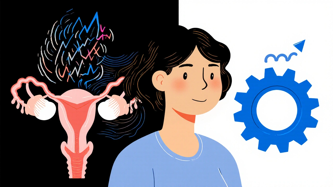 Woman between PCOS and metformin forces, hair flowing upward as insulin levels stabilize.