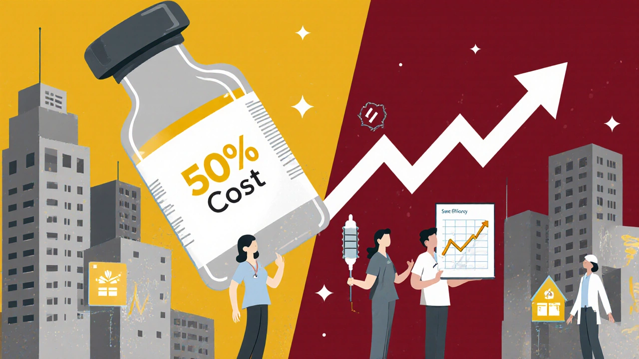 A biosimilar vial splitting a costly biologic drug in half, with doctors and patients holding data charts.