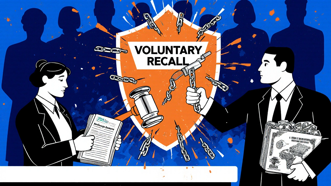 A courtroom with a syringe-shaped gavel striking down a &#039;Voluntary Recall&#039; shield, FDA and corporate figures facing off.