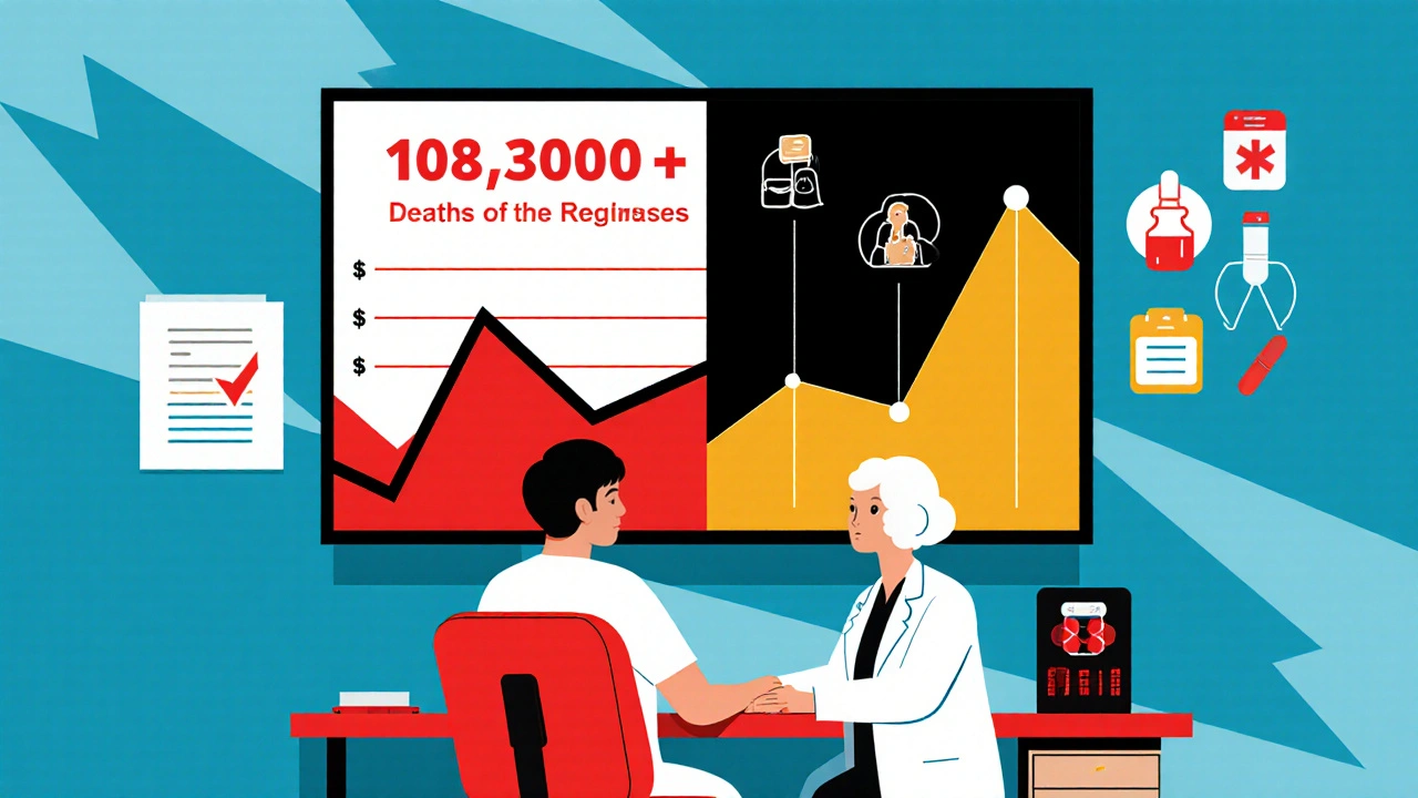 A doctor and patient at a clinic with a split-screen monitor showing opioid overdose rates declining as safer therapies rise.