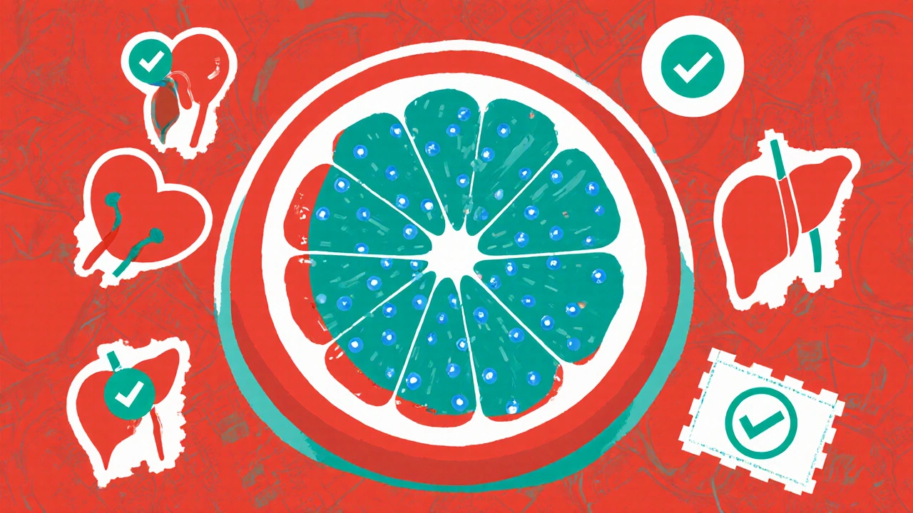 A futuristic grapefruit with reduced toxins glows blue, surrounded by healing medical icons.