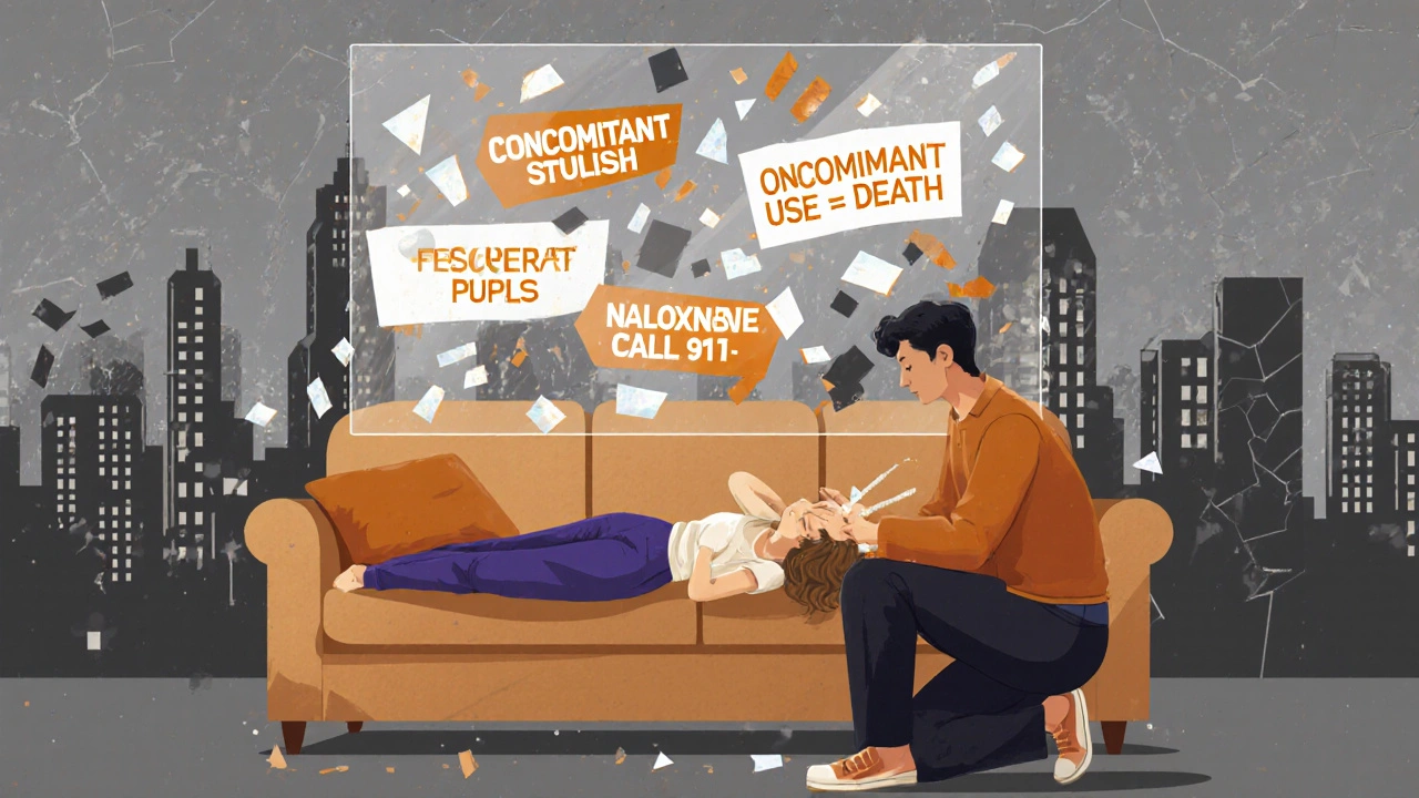 A husband administers naloxone to a woman as floating medical warnings hover above them.