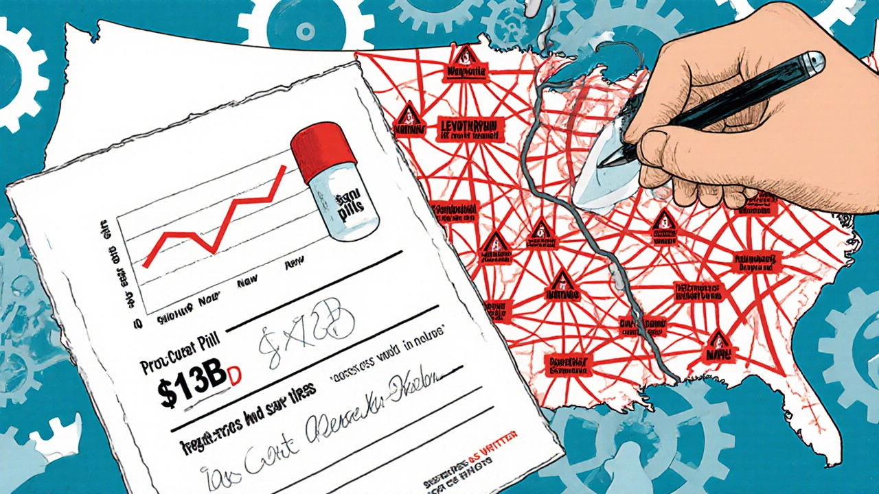 A patient&#039;s prescription splits into savings and risk paths, with warning labels and a doctor&#039;s note amid melting state borders.
