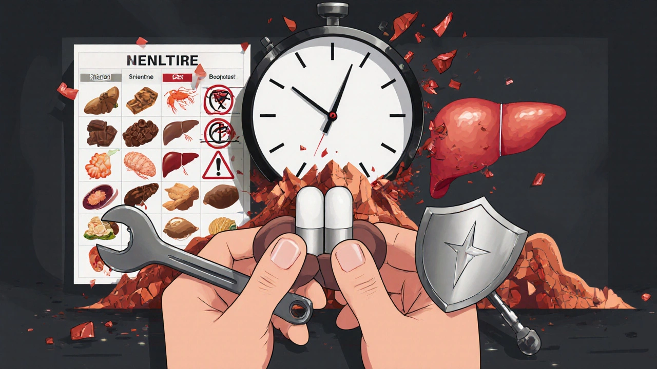 A patient holding three pills as tools, with forbidden foods and a rising copper wave in the background.