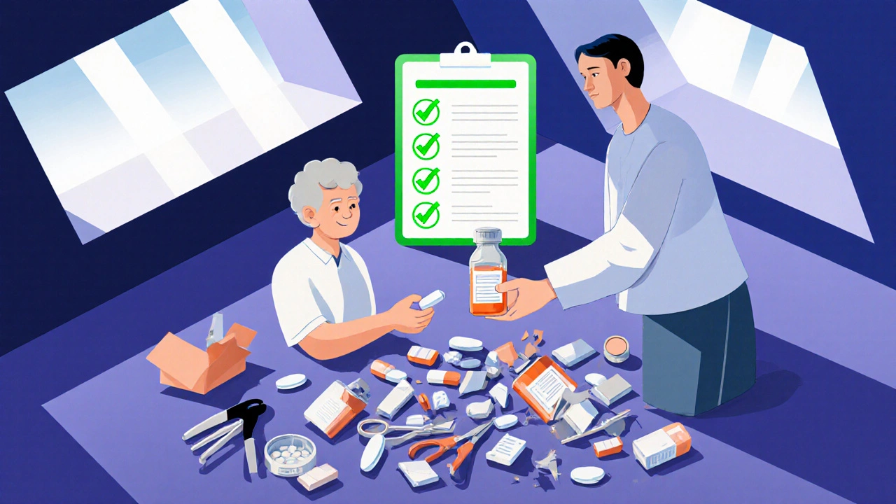 A pharmacist giving pre-split pills to a patient, while unsafe tools lie broken nearby