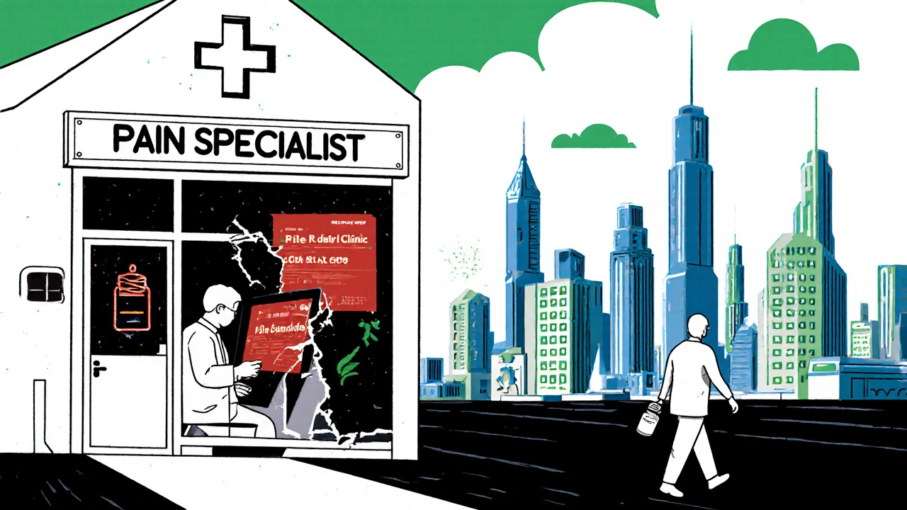 A rural clinic with a broken sign, a provider facing red alerts on a screen, while city centers of alternative care glow in the distance.