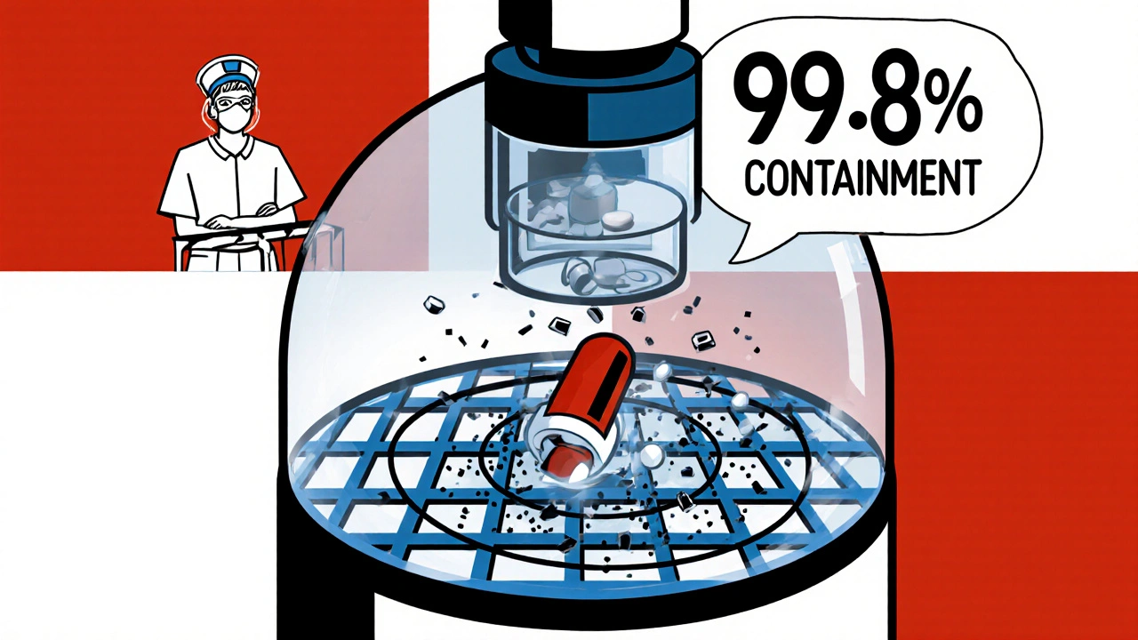 A sealed pill crusher capturing toxic particles, with containment grids and protective gear visible