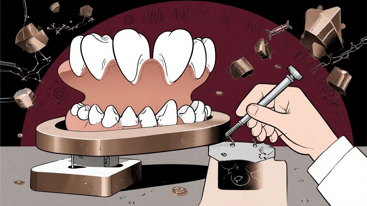 Abstract dental impressions transformed into mechanical parts of a custom snoring device, with a hand adjusting a tiny screw in a lab setting.