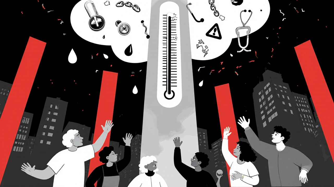 Abstract human figure with thermometer spine, surrounded by medical symbols, while vulnerable figures reach up for help.