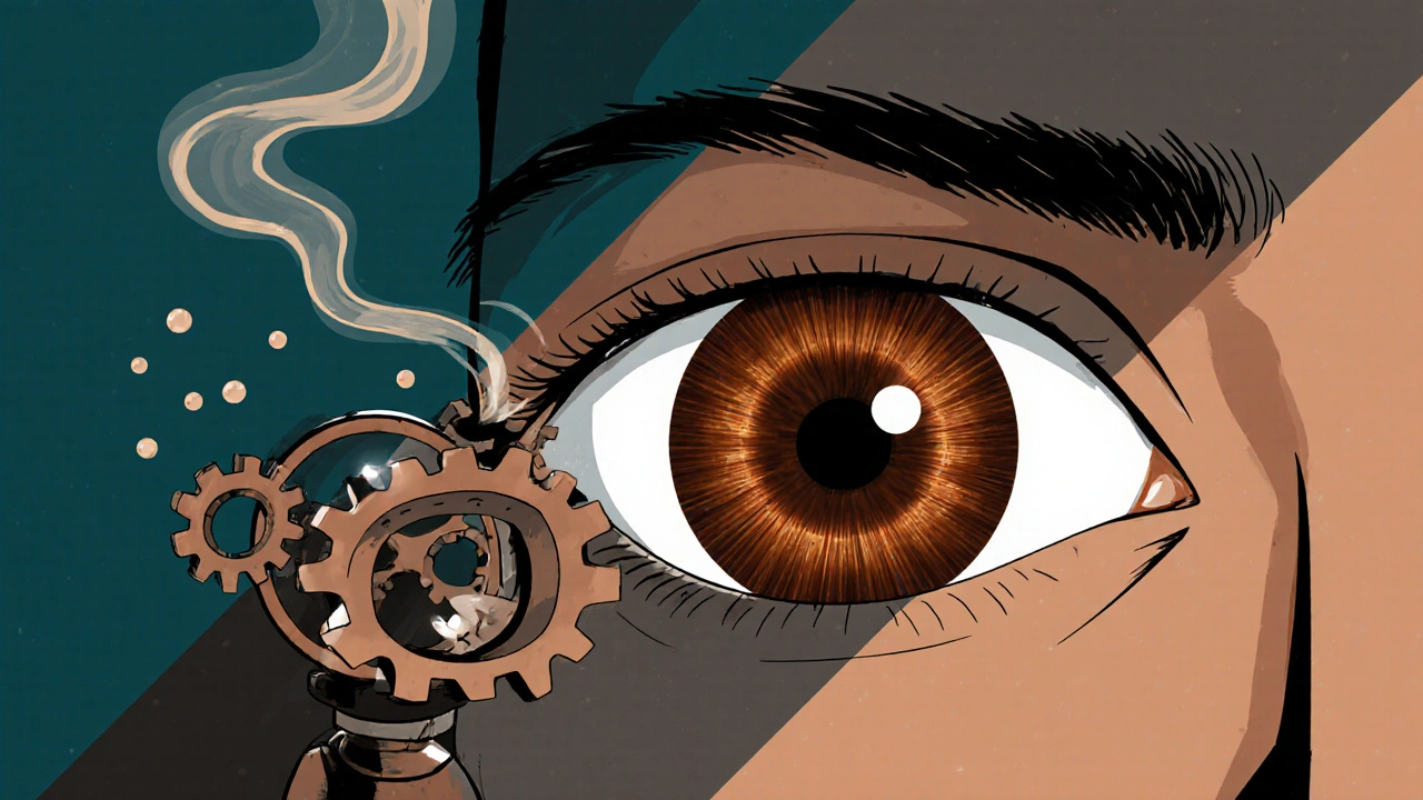 An eye with a rust-colored ring surrounded by swirling copper molecules entering the brain.