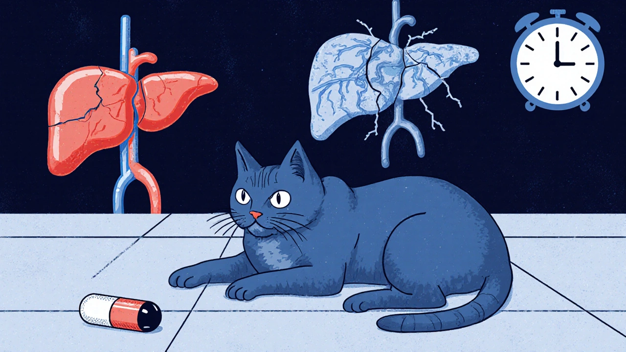 Cat trembling on floor beside Effexor capsule, with abstract cracked liver and nervous system beneath it.